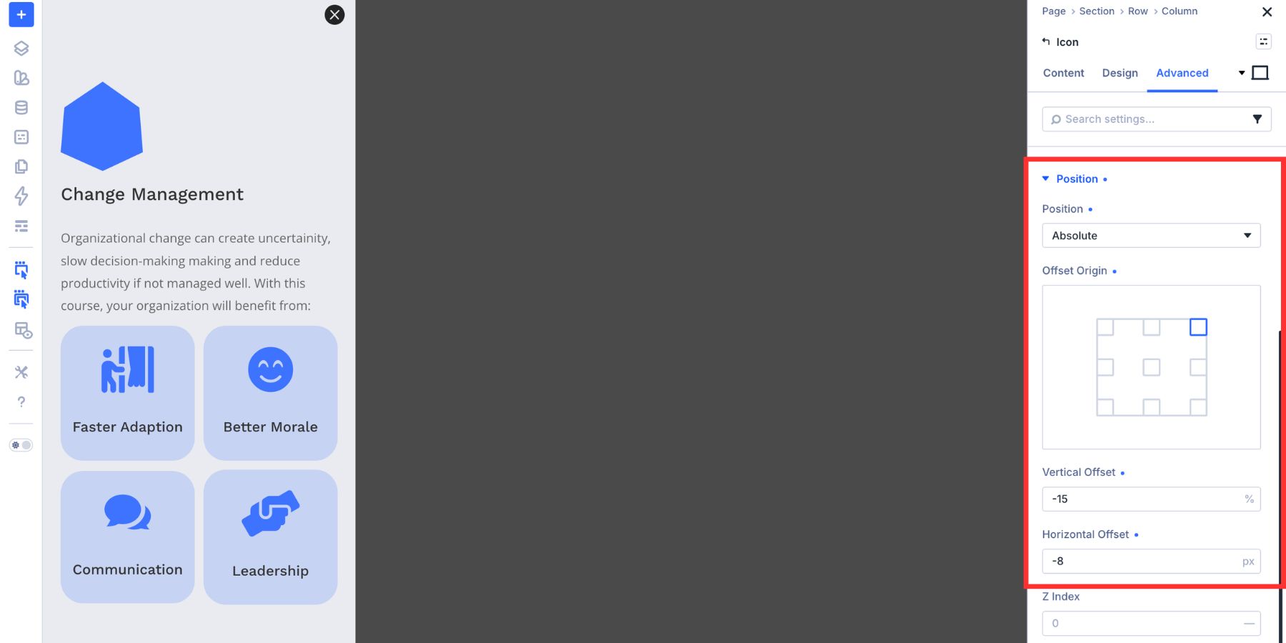 Close icon added to a Divi 5 modal panel