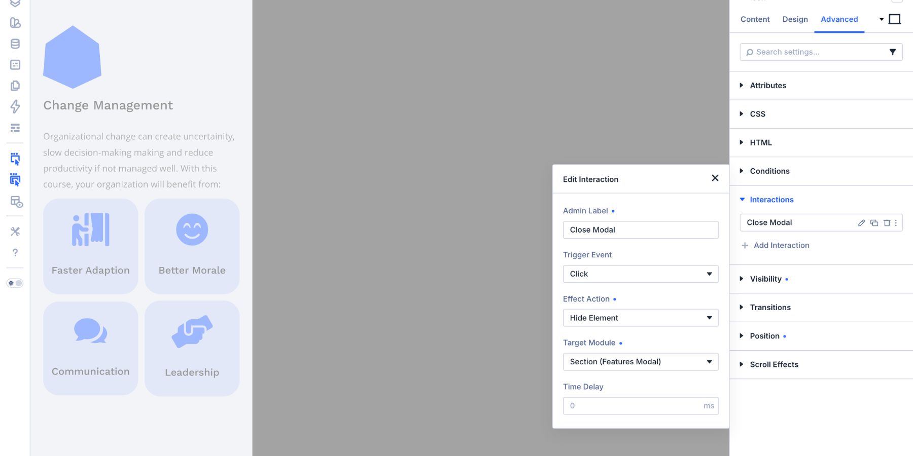 Close Interaction added to a modal icon in Divi 5