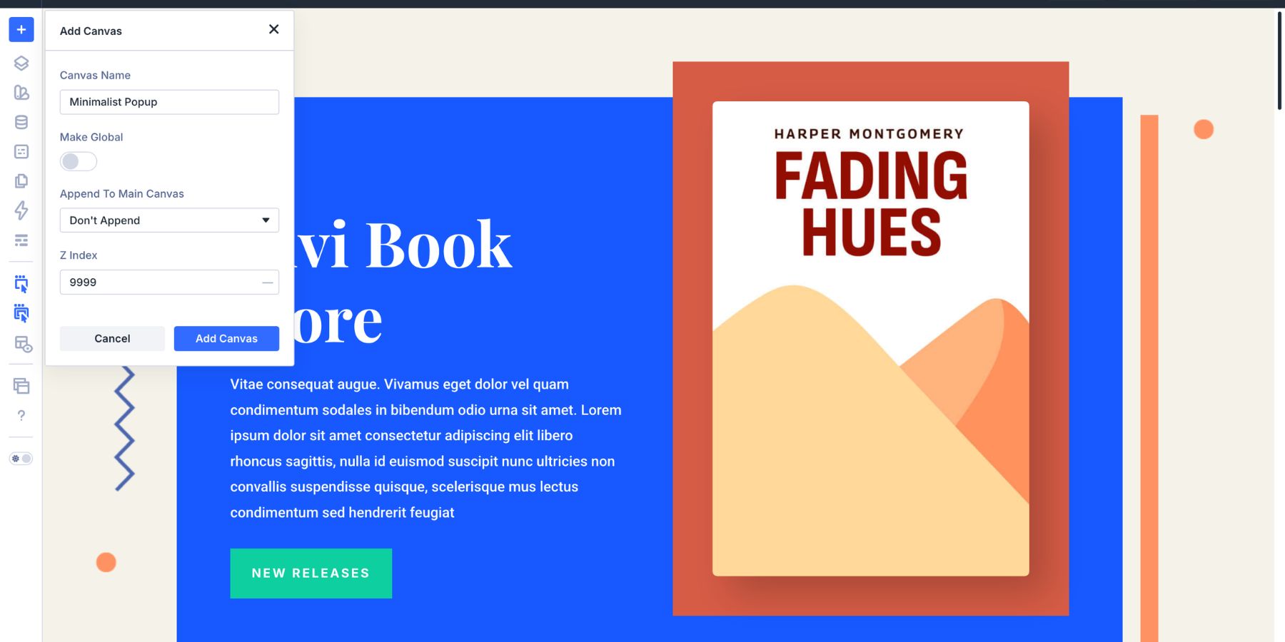 Adding a new Canvas called Minimalist Popup in Divi 5