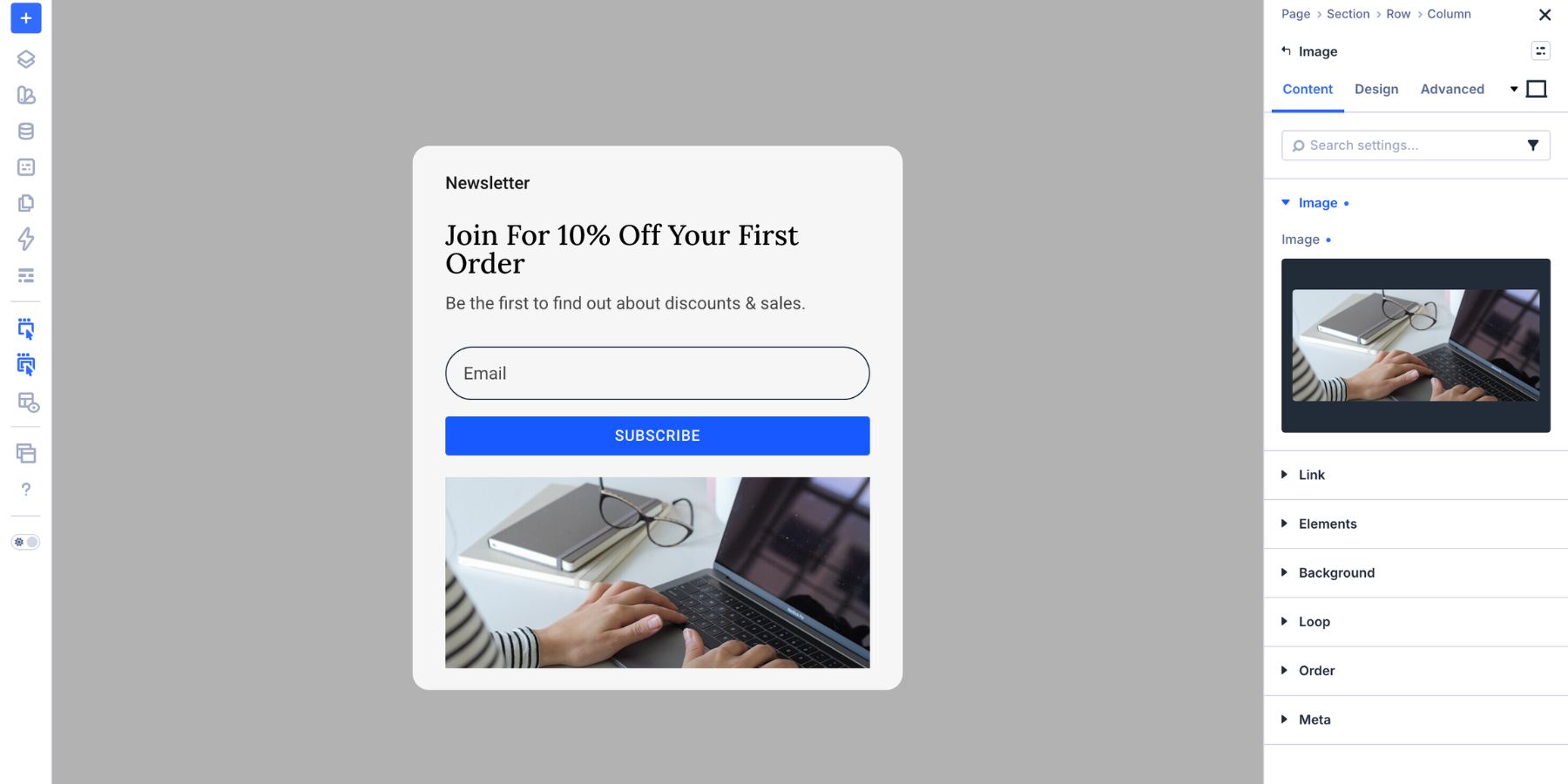 Adding heading, Email Optin, and image modules to the popup card