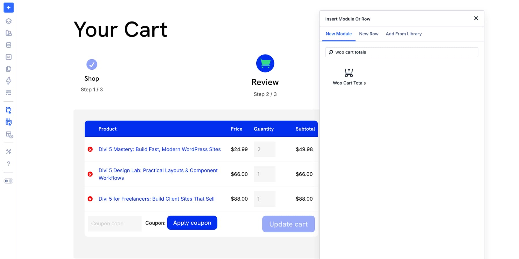 add the Woo Cart Totals module to a Divi 5 cart page