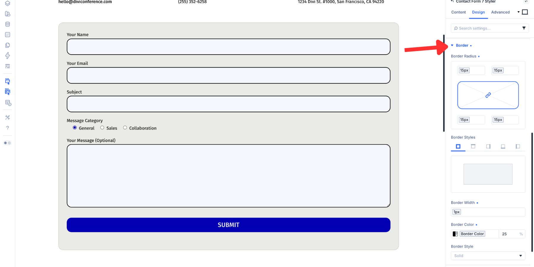 Module border settings applied to the Contact Form 7 Styler module