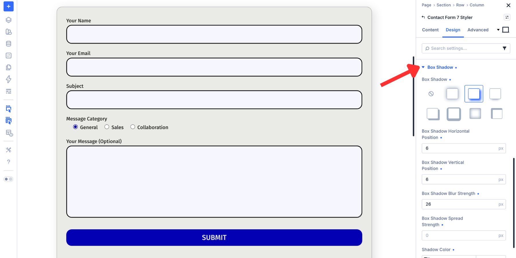 Box shadow applied to the Contact Form 7 Styler module
