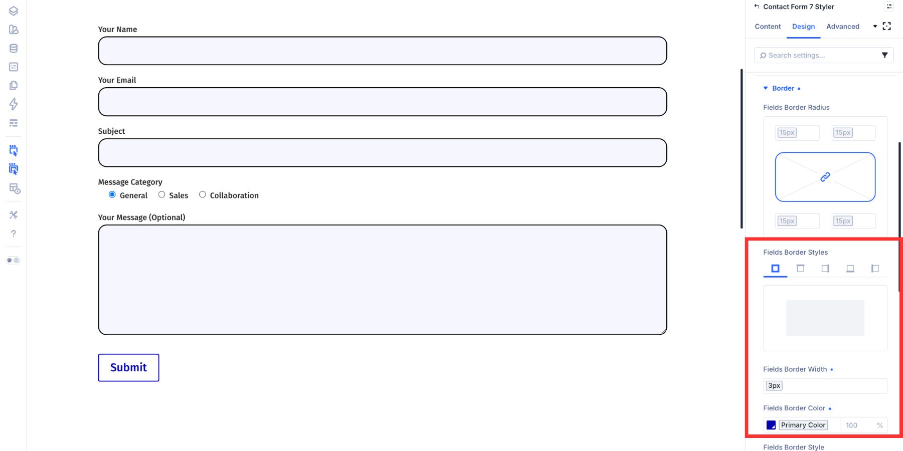 Focus border style applied to a Contact Form 7 field in Divi 5