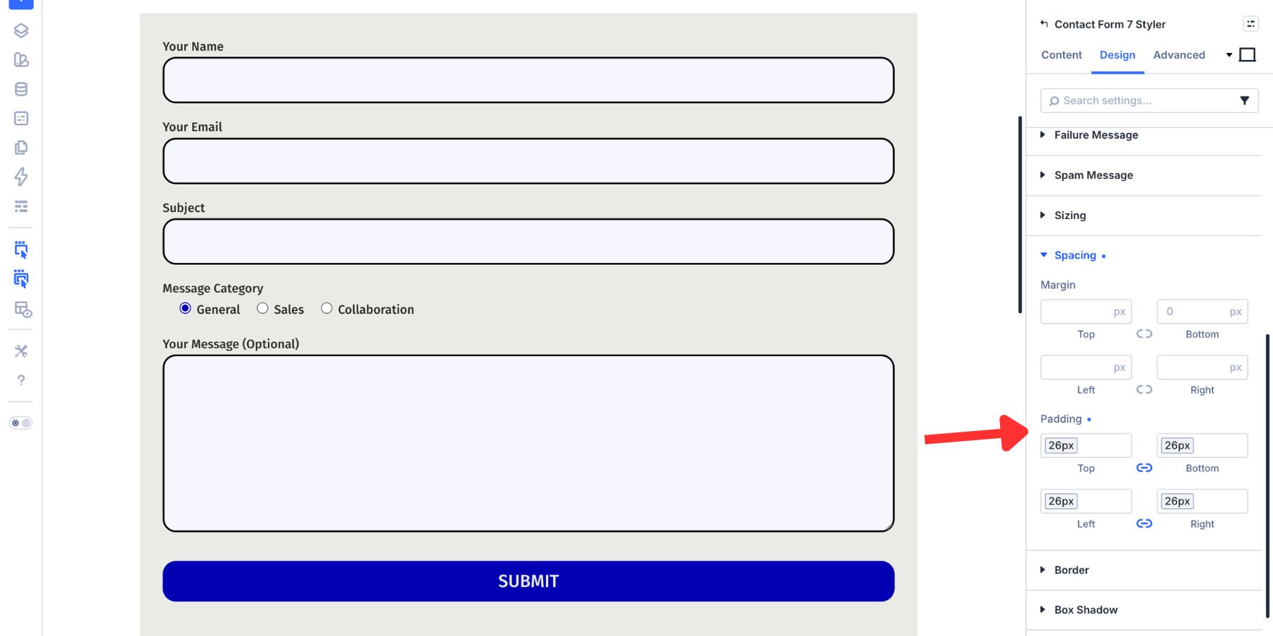 Padding applied to the Contact Form 7 Styler module