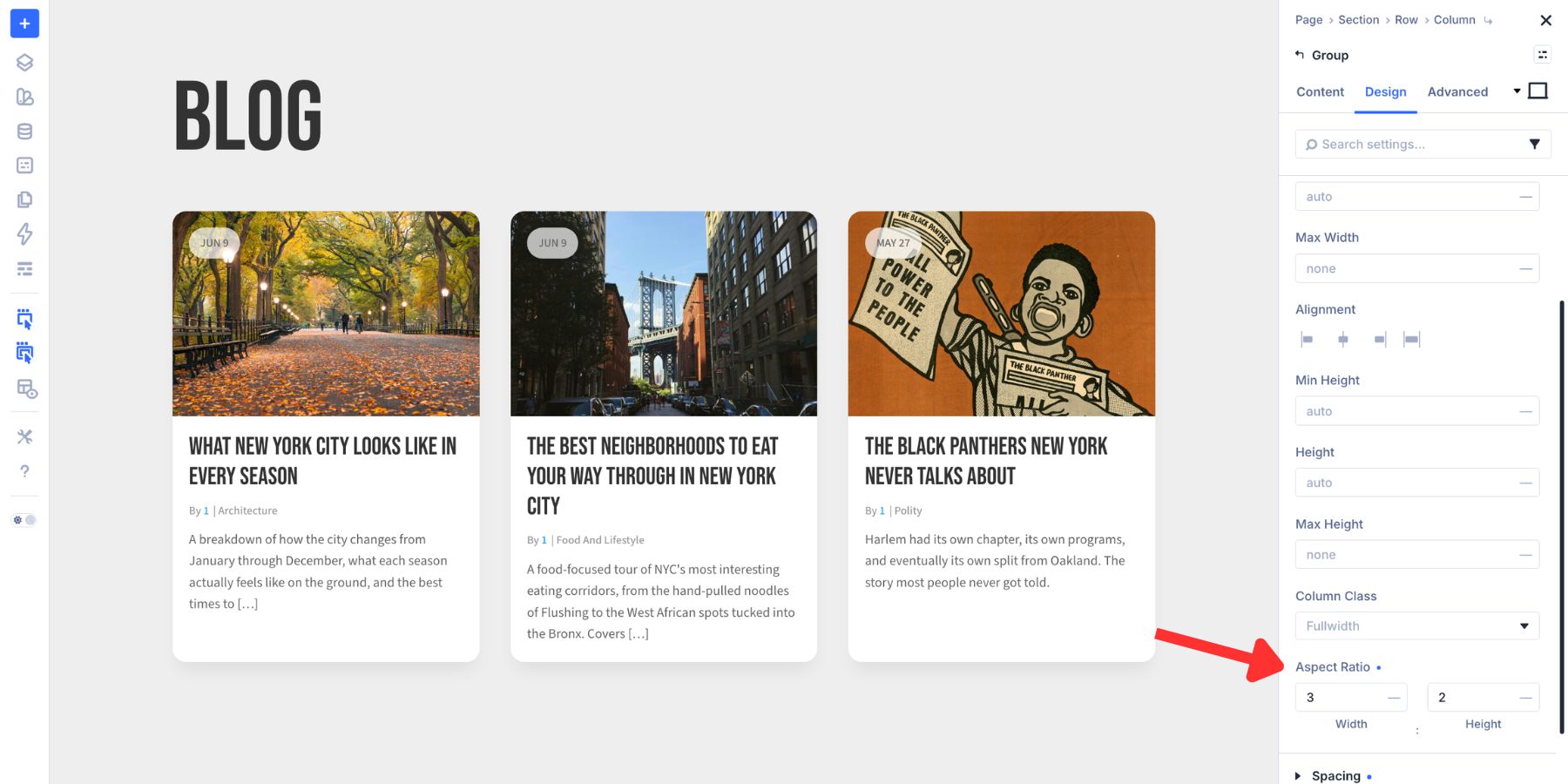 Aspect Ratio applied to a blog post featured image in a Divi 5 loop
