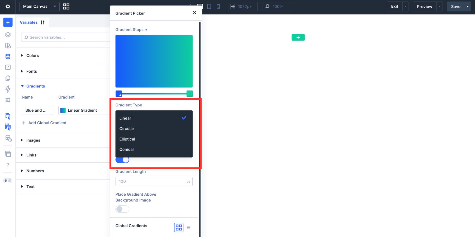 Gradient type options in the Divi 5 gradient picker