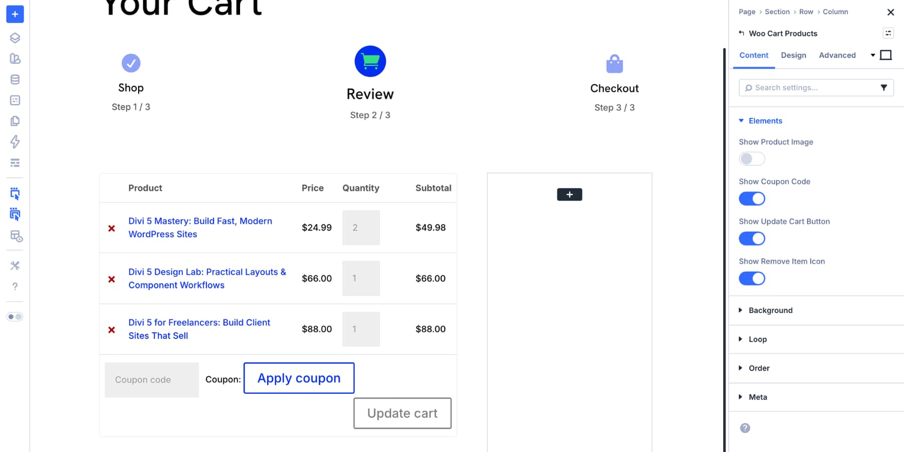 disable product images in the Woo Cart Products module in Divi 5