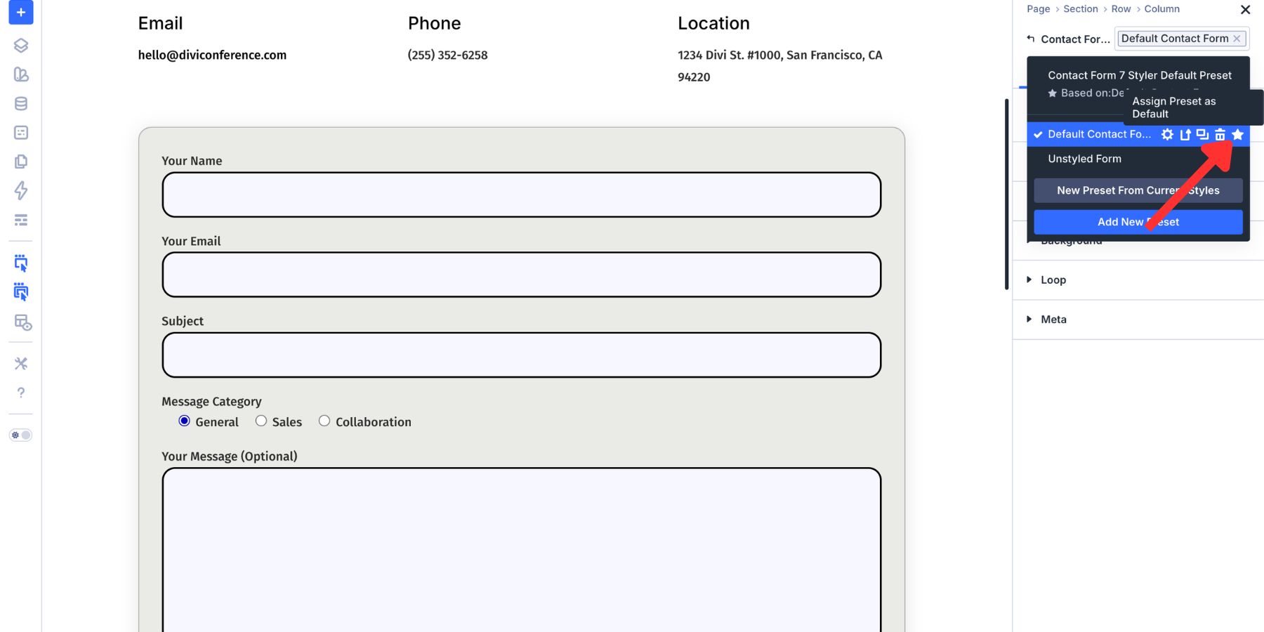 Assign an Element Preset as default for the Contact Form 7 Styler module