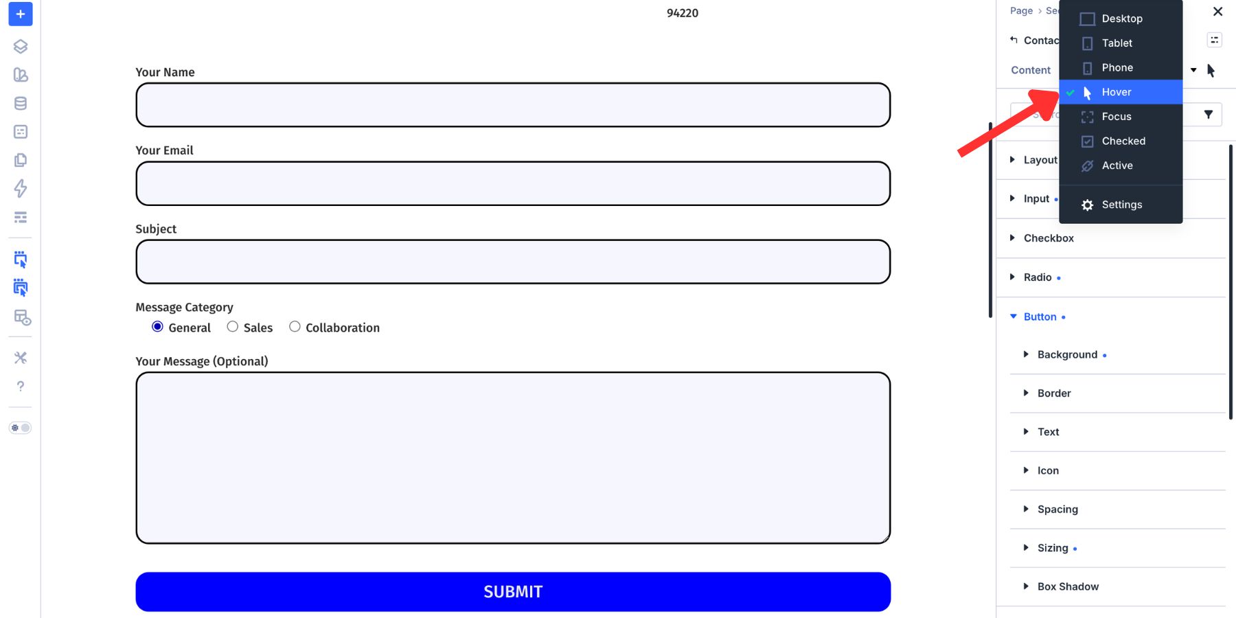 Hover state selected for the Contact Form 7 submit button in Divi 5