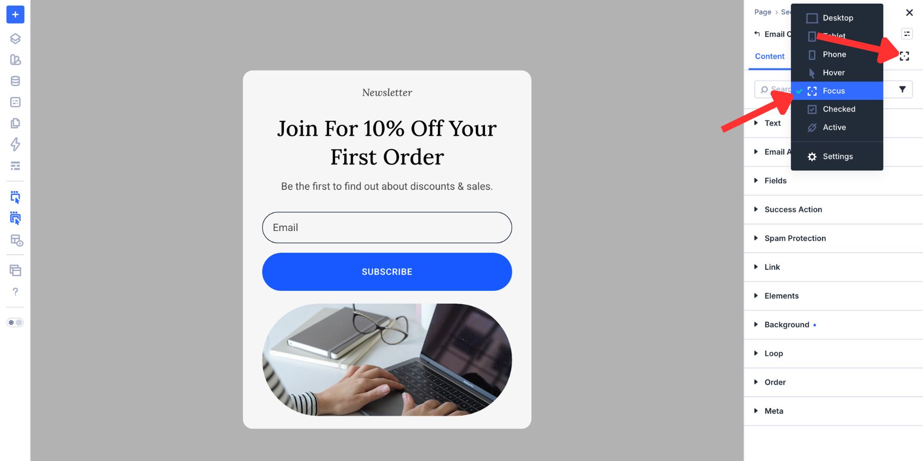 Selecting the focus state for the Email Optin field in Divi 5