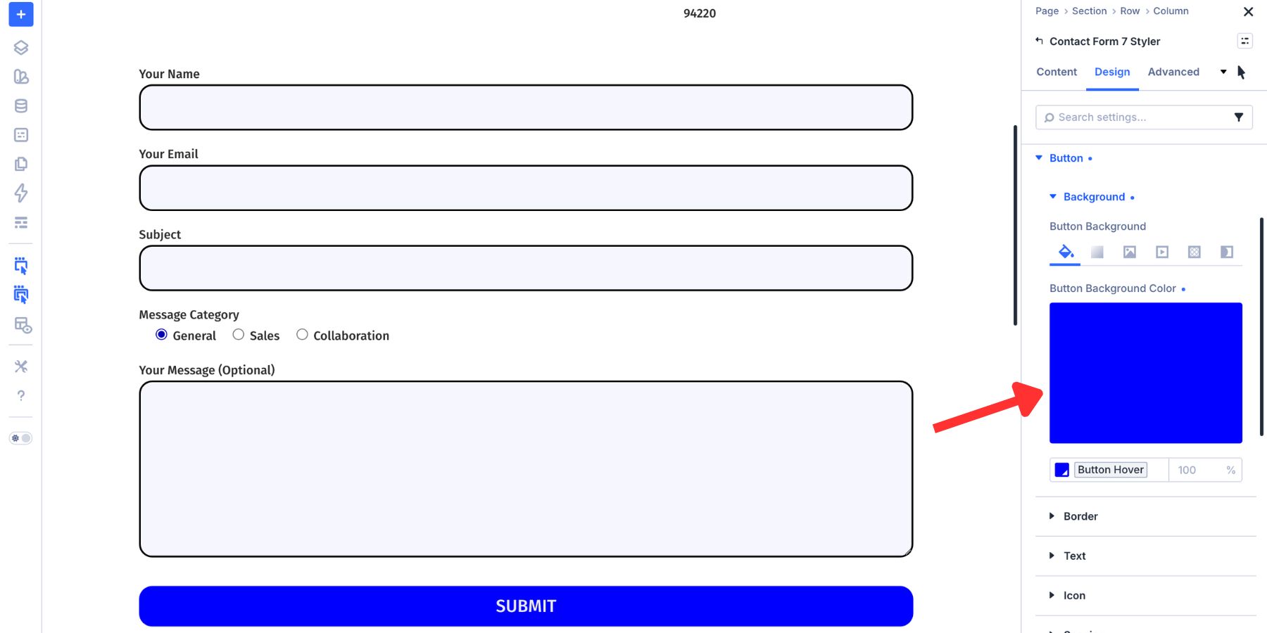 Hover background color applied to a Contact Form 7 submit button in Divi 5