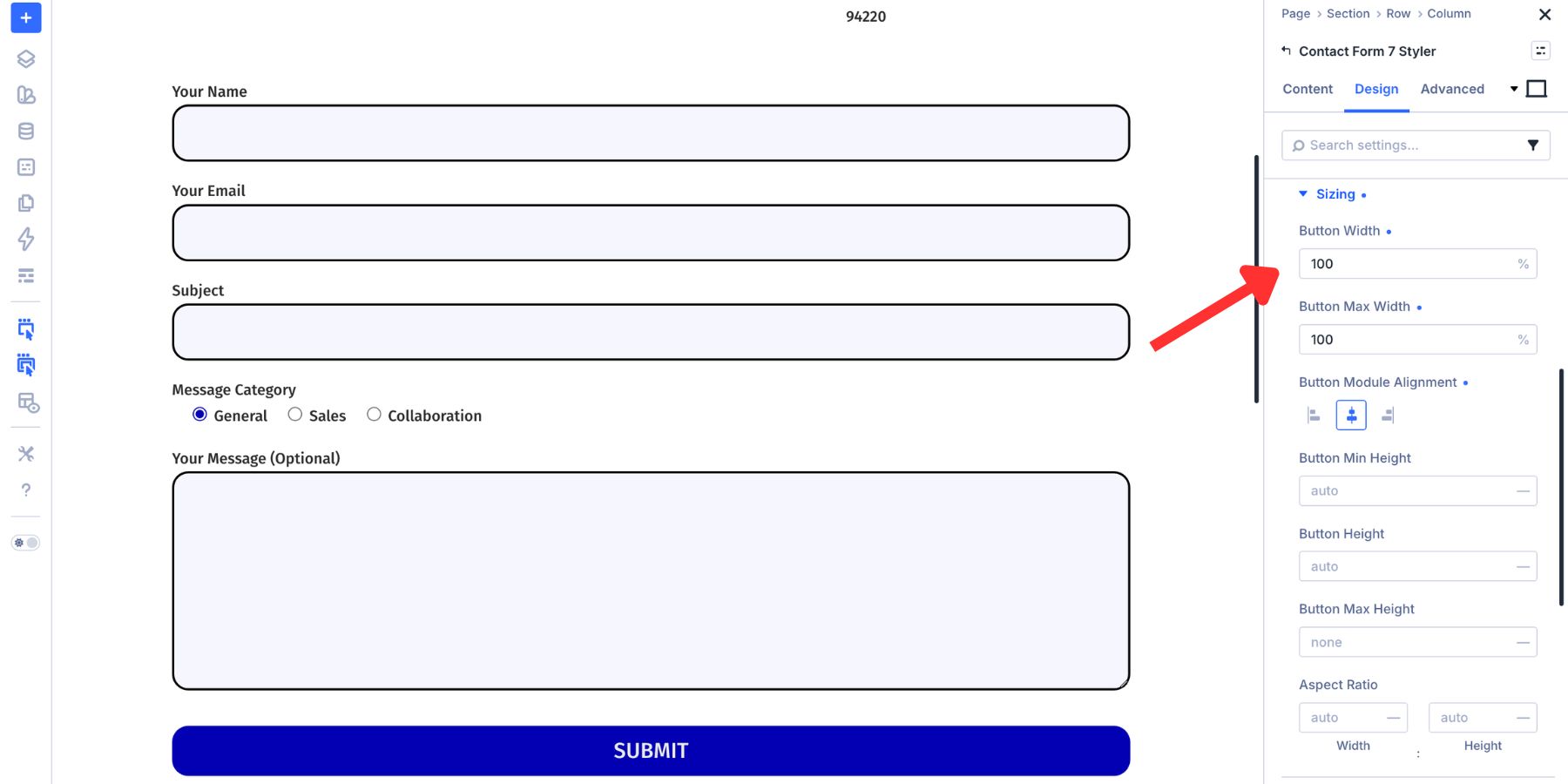 Submit button width set to 100 percent in the Contact Form 7 Styler module