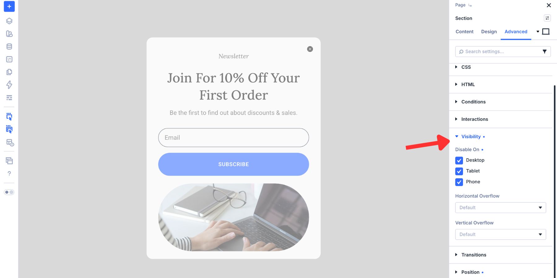 Hiding the popup section by default in Divi 5