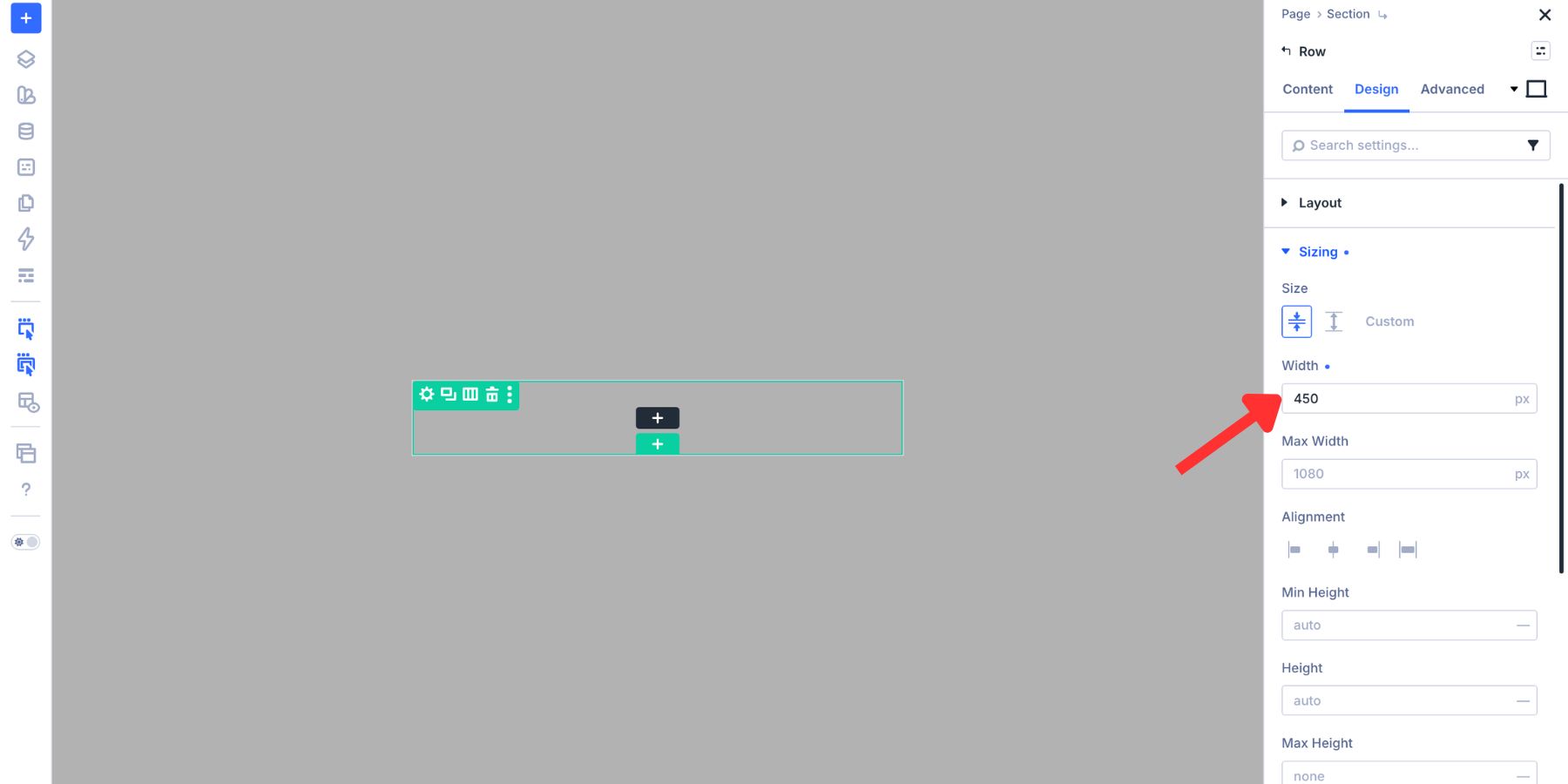 Setting the popup card row width to 450px