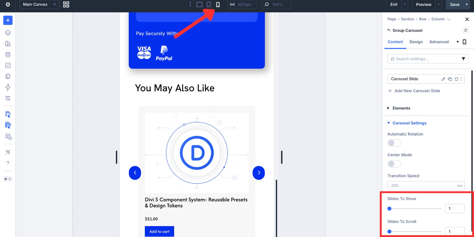 set carousel slides to show to one on mobile in Divi 5