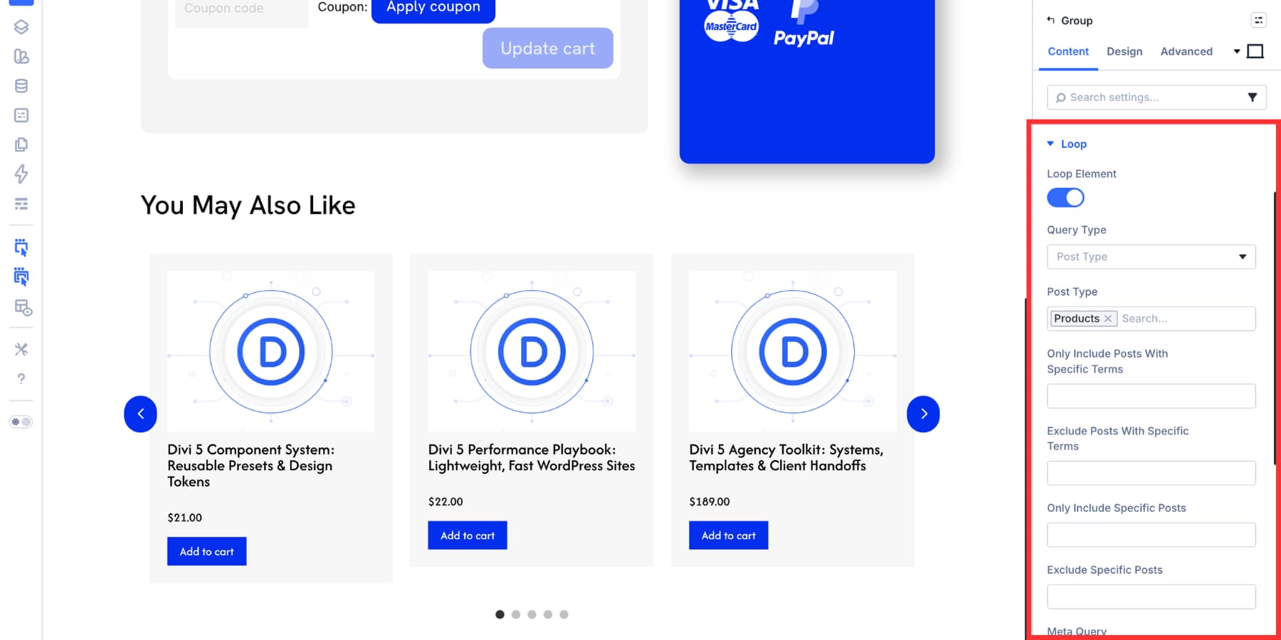 add a product carousel with loop enabled in Divi 5