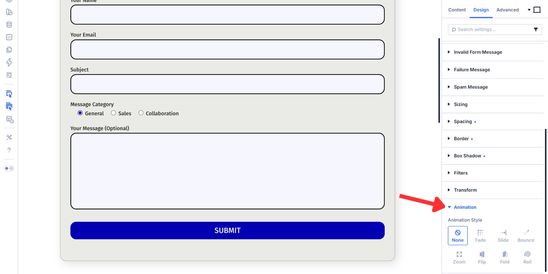 Animation options available for the Contact Form 7 Styler module