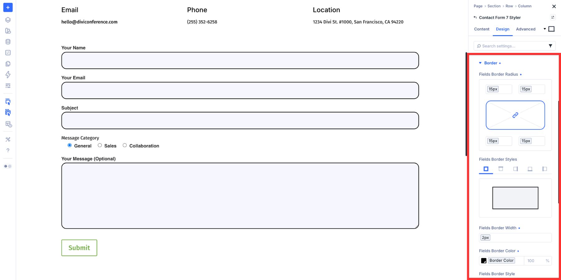 Input border settings styled with Design Variables in Divi 5