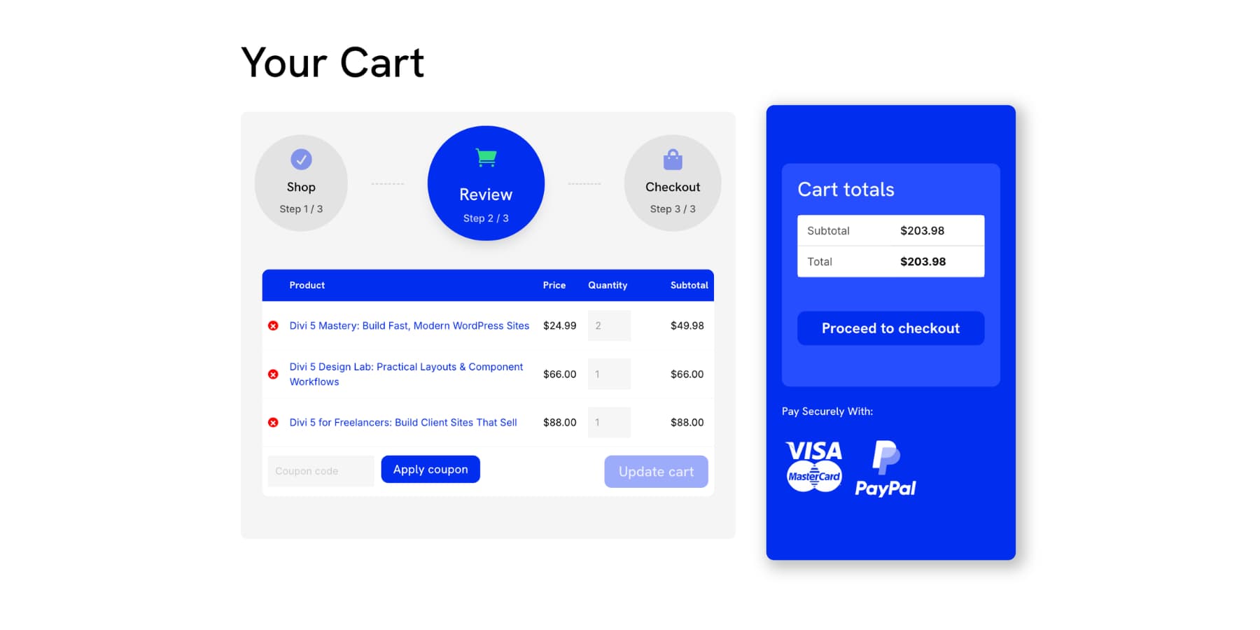 modify a custom WooCommerce cart layout in Divi 5
