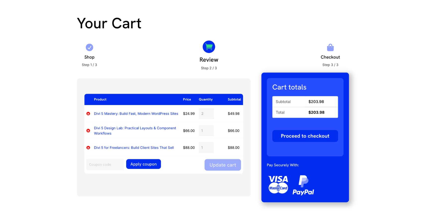 custom WooCommerce cart layout built with Divi 5 modules