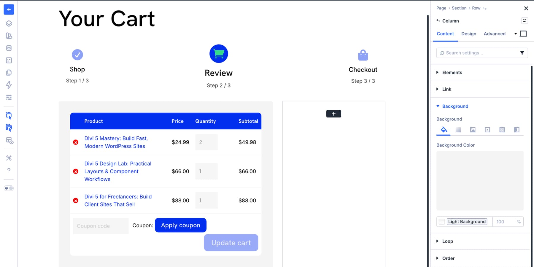style the column containing the Woo Cart Products module in Divi 5