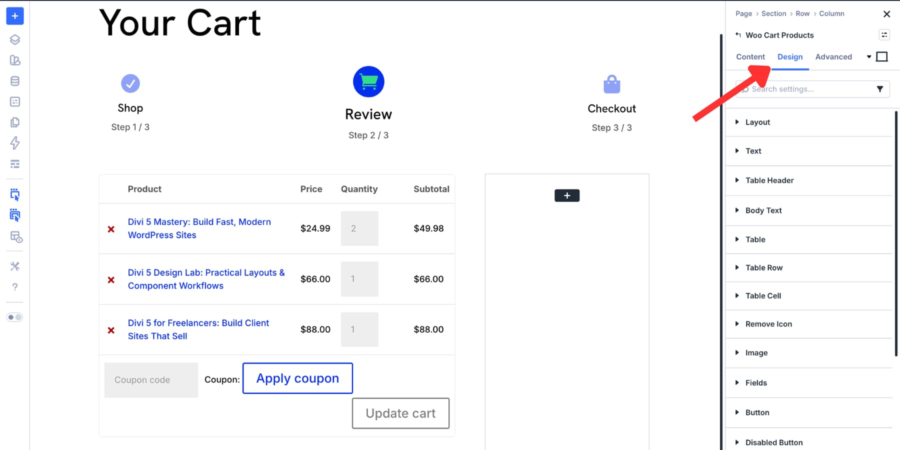 design settings for the Woo Cart Products module in Divi 5