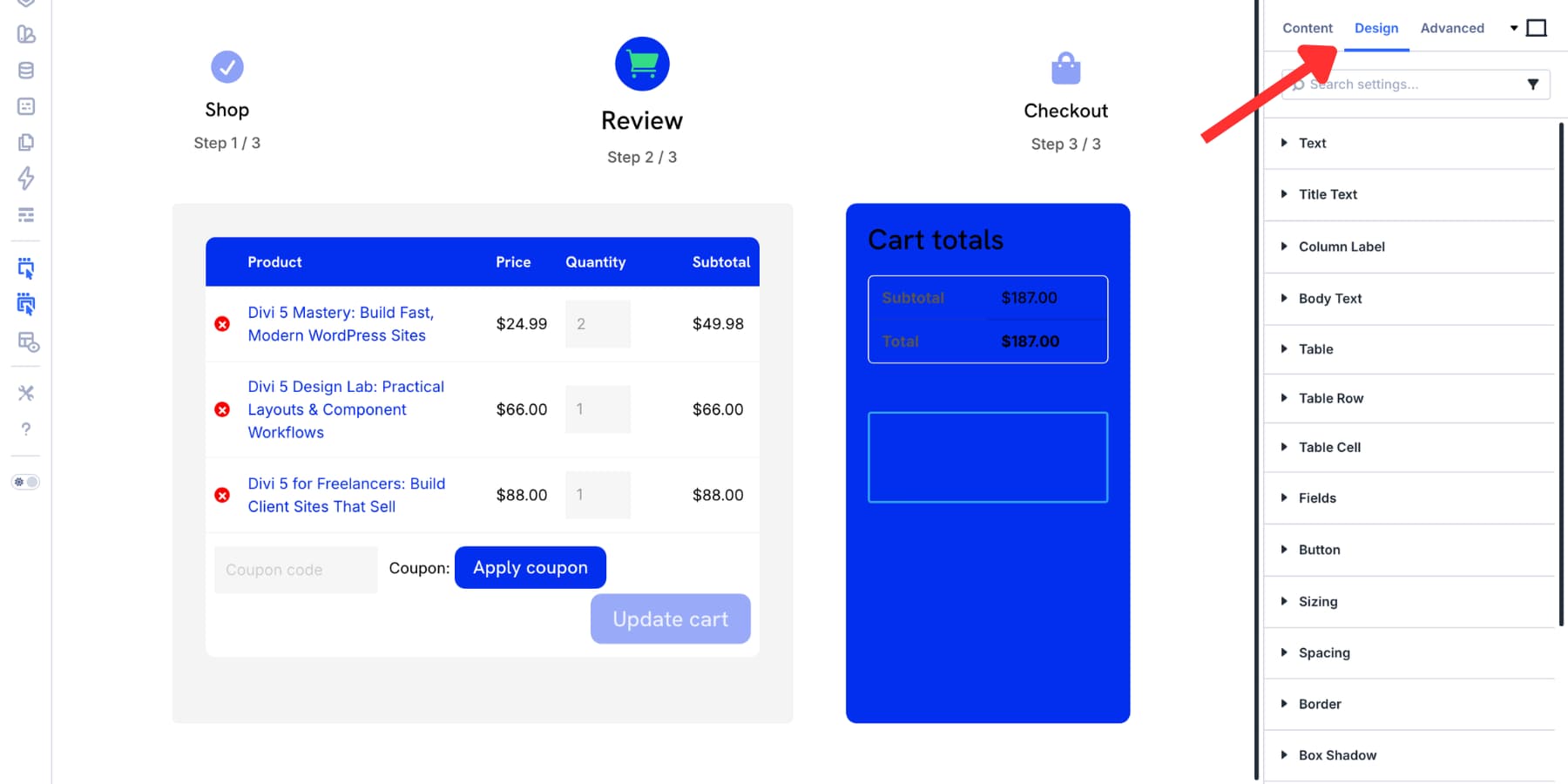 design settings for the Woo Cart Totals module in Divi 5