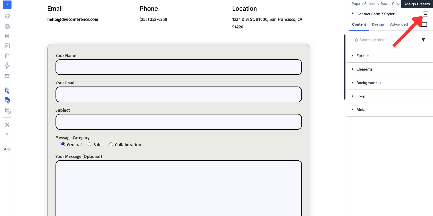 Element Preset menu for the Contact Form 7 Styler module in Divi 5