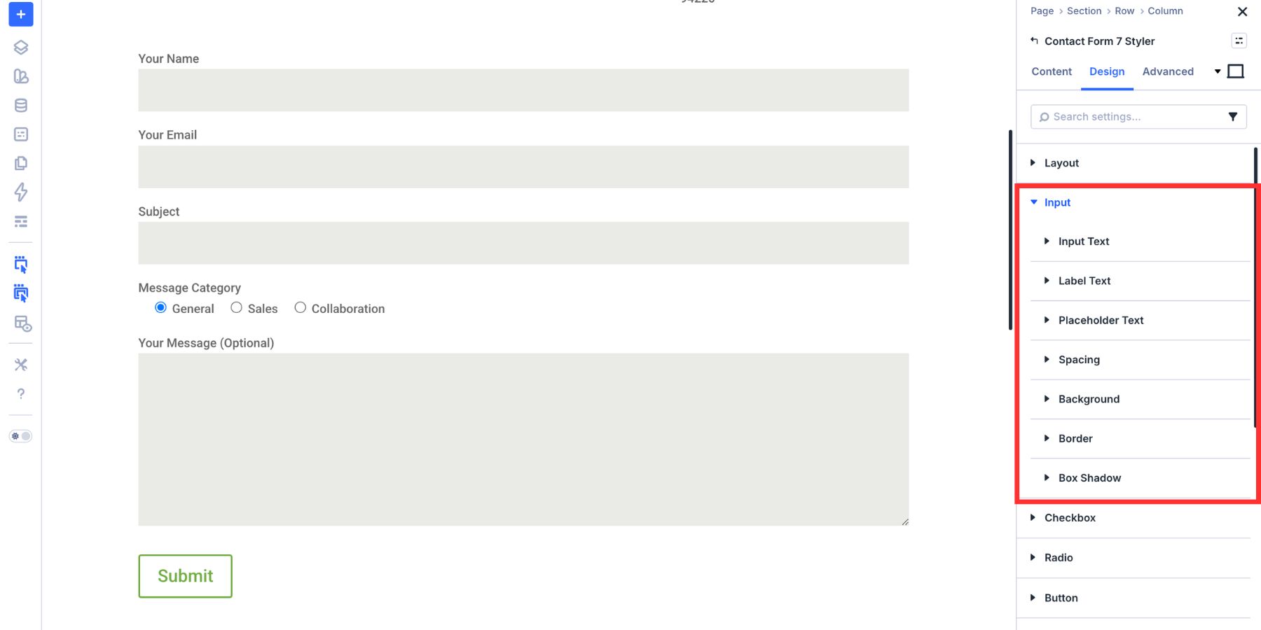 Input design options in the Contact Form 7 Styler module