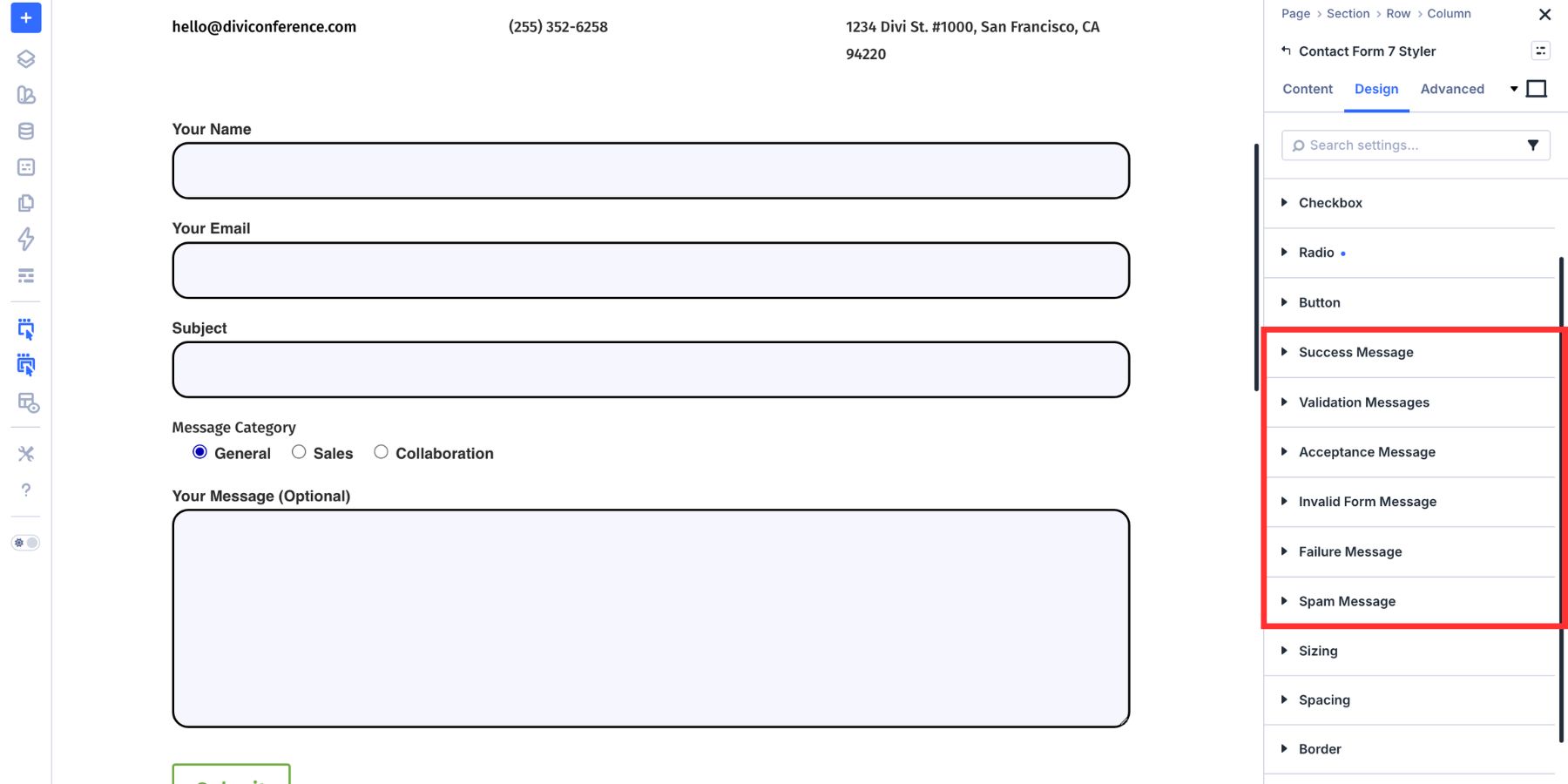 Message styling groups in the Contact Form 7 Styler module
