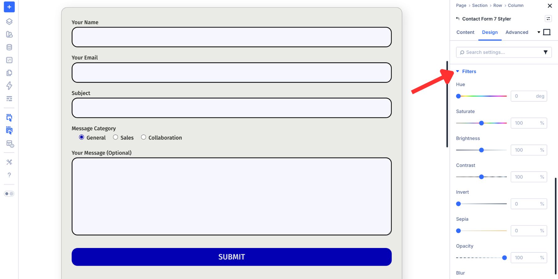 Filter options available for the Contact Form 7 Styler module in Divi 5