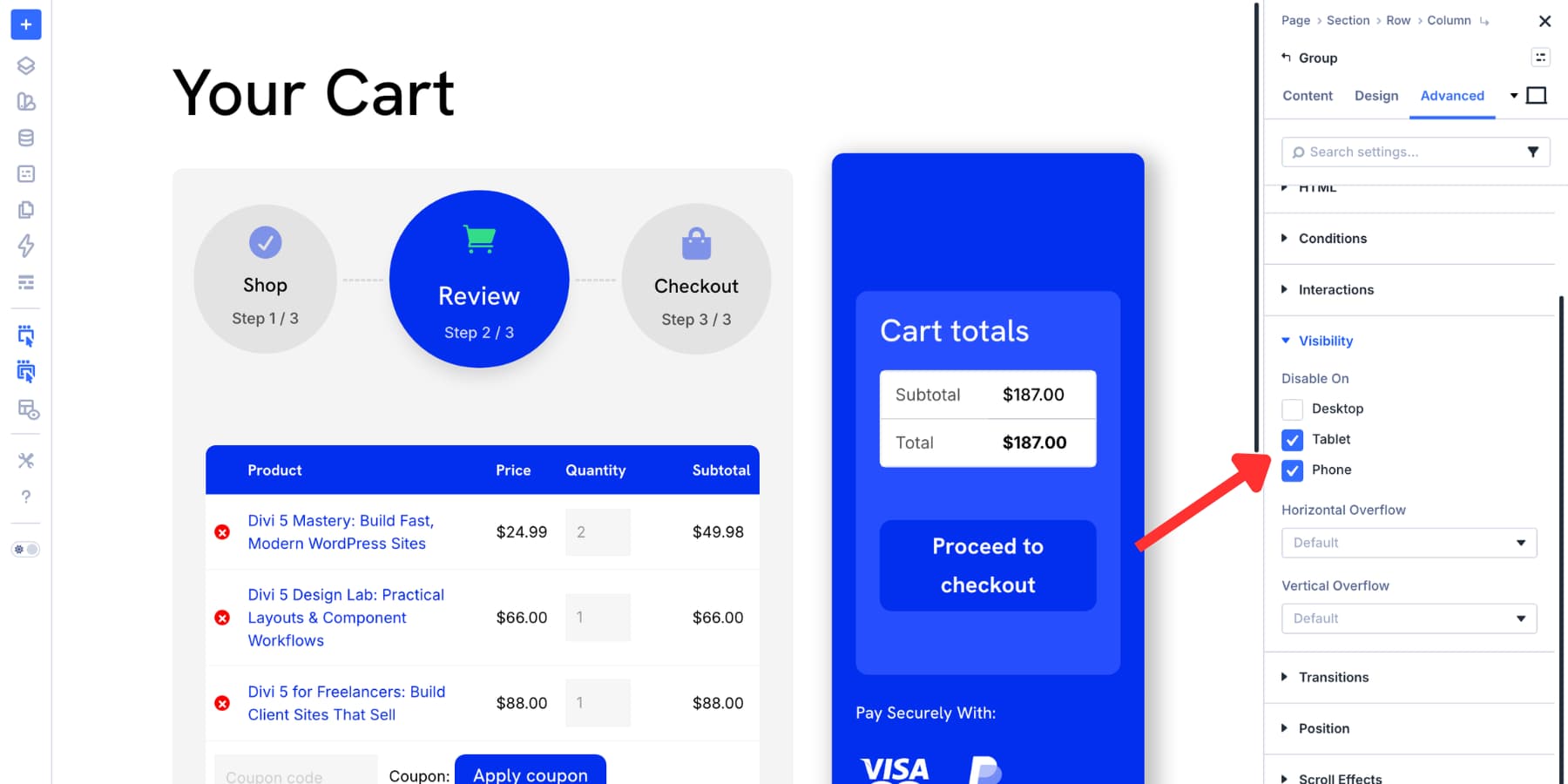 hide cart progress blurbs on tablet and mobile in Divi 5
