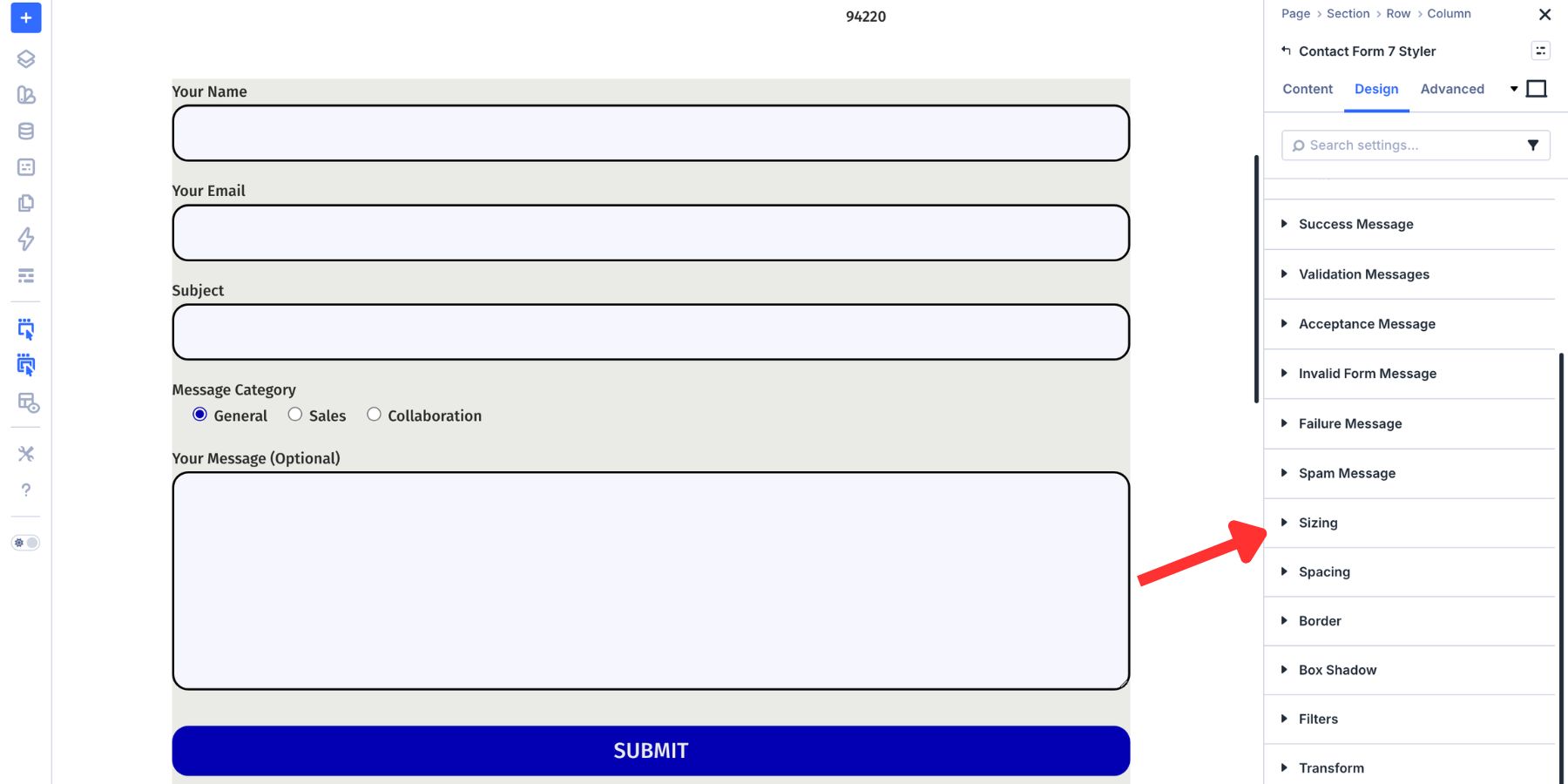 Sizing controls for the Contact Form 7 Styler module