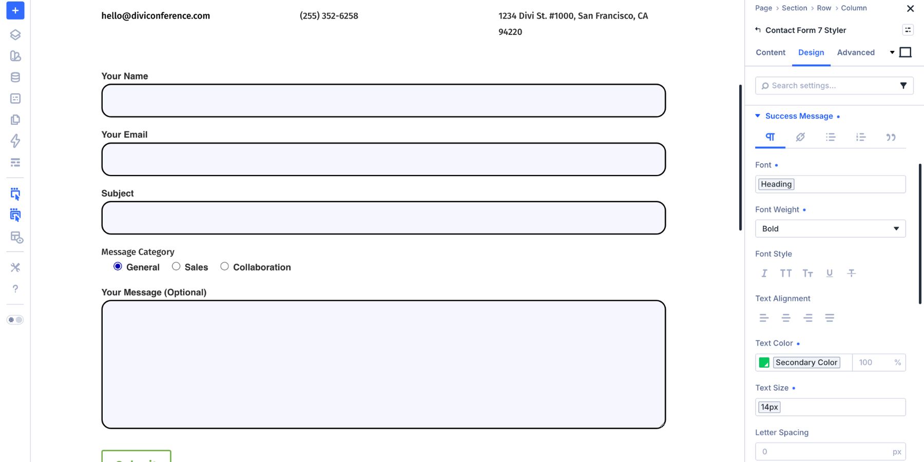Success message styled in the Contact Form 7 Styler module