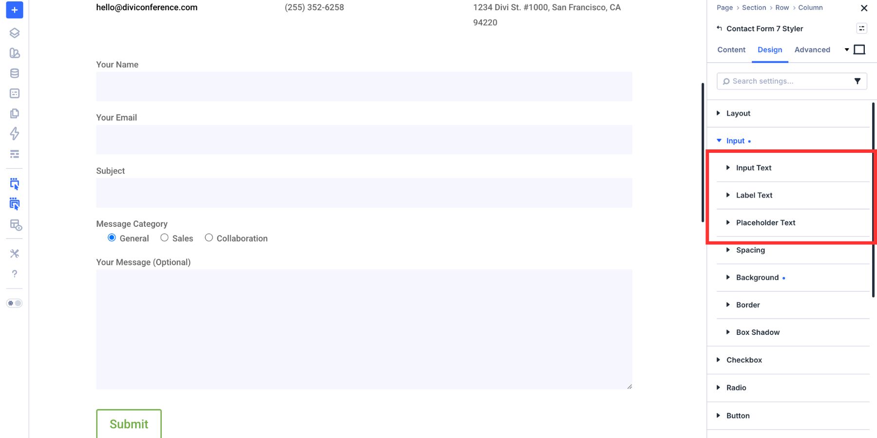 Input text styling options in the Contact Form 7 Styler module