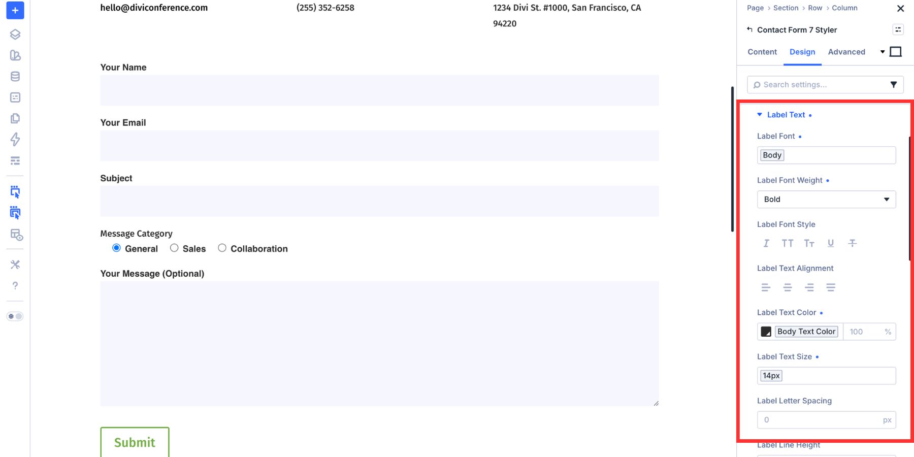 Label text styled with Design Variables in the Contact Form 7 Styler module