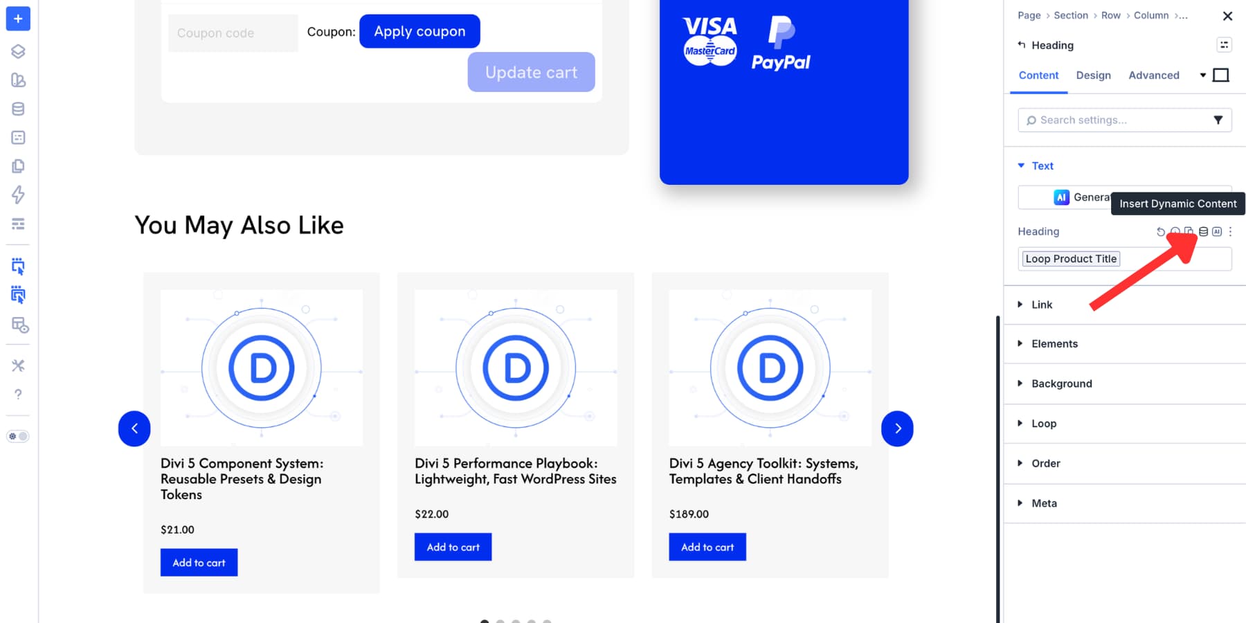 insert dynamic WooCommerce product content in a Divi 5 loop layout