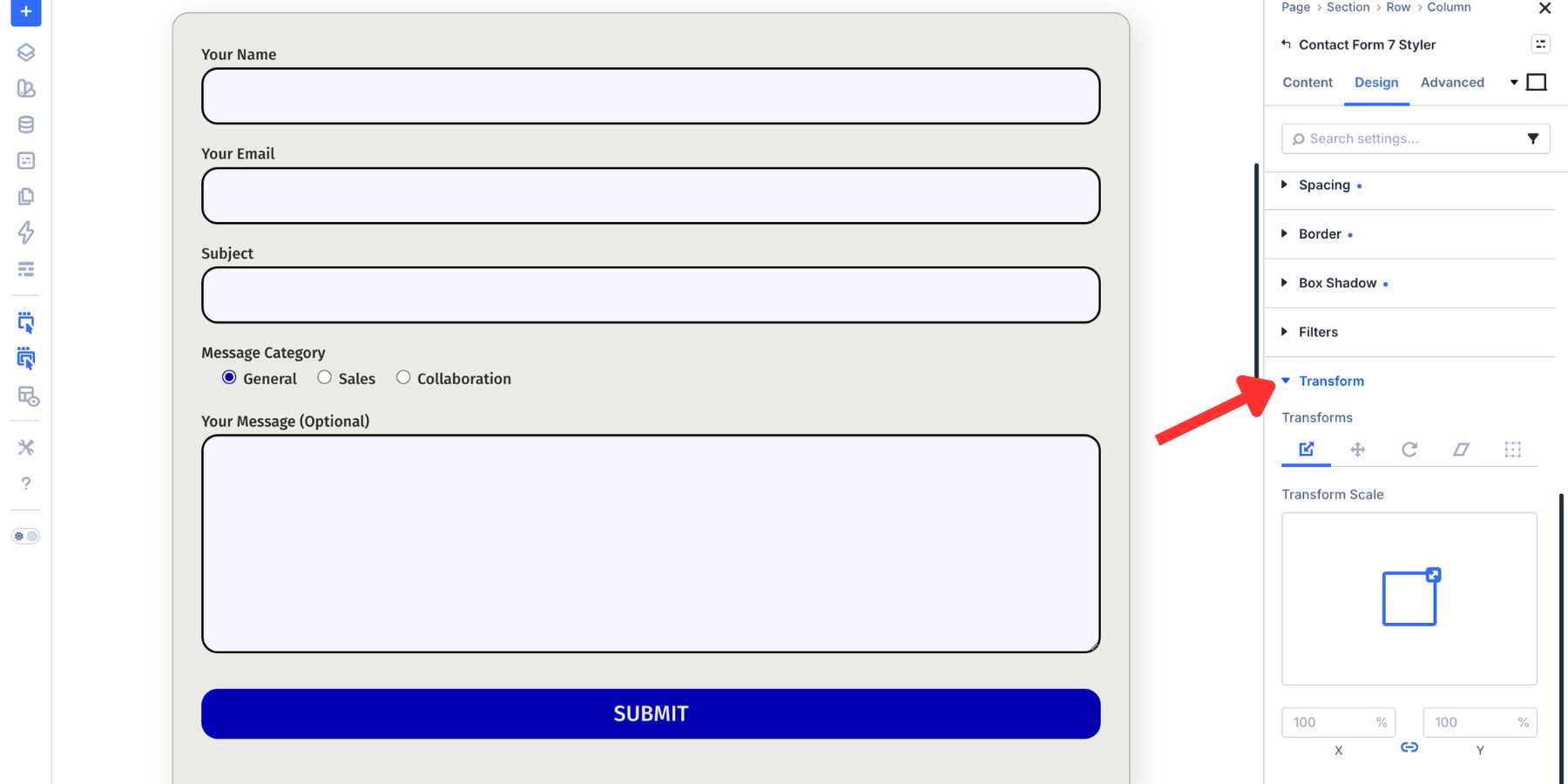 Transform options available for the Contact Form 7 Styler module