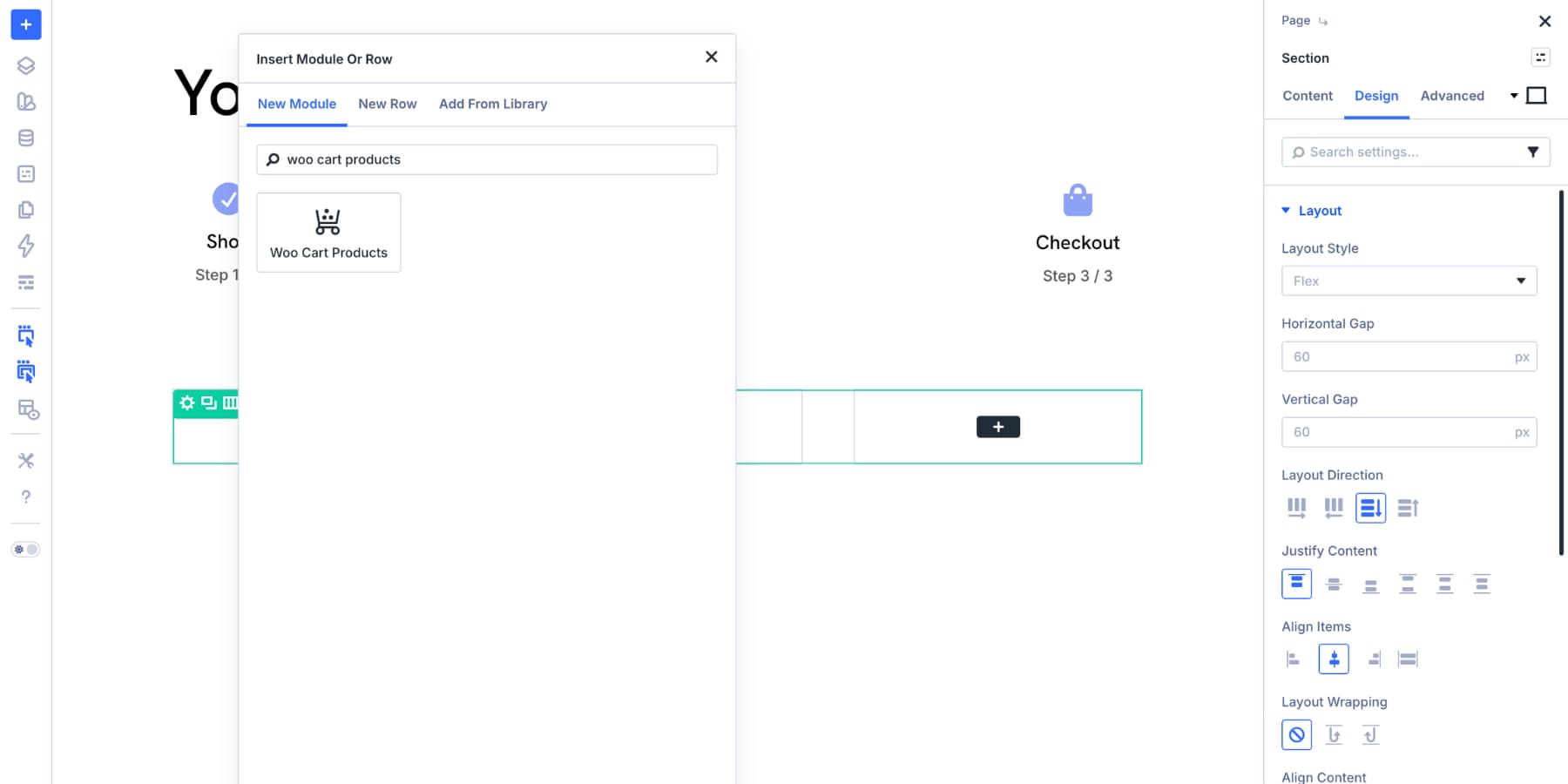 Woo Cart Products module in a Divi 5 cart page layout