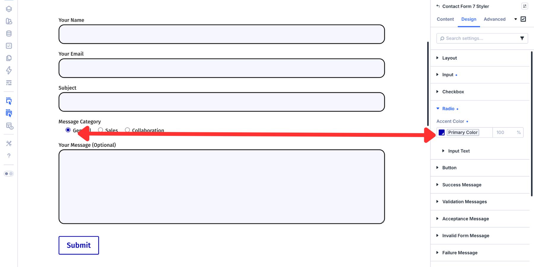 Primary color used as the checked state color for radio buttons in Divi 5