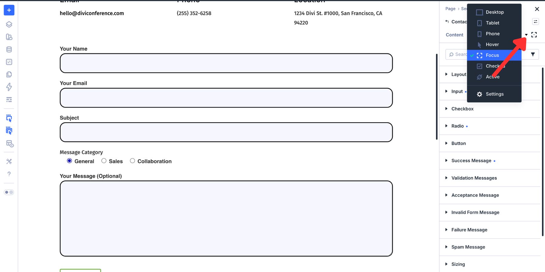 State selector for Focus and Checked editing in Divi 5 form settings