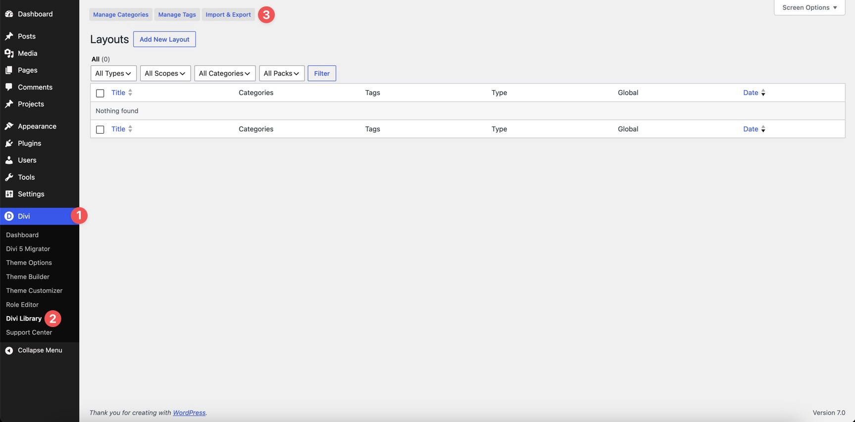 Divi Library Import and Export screen