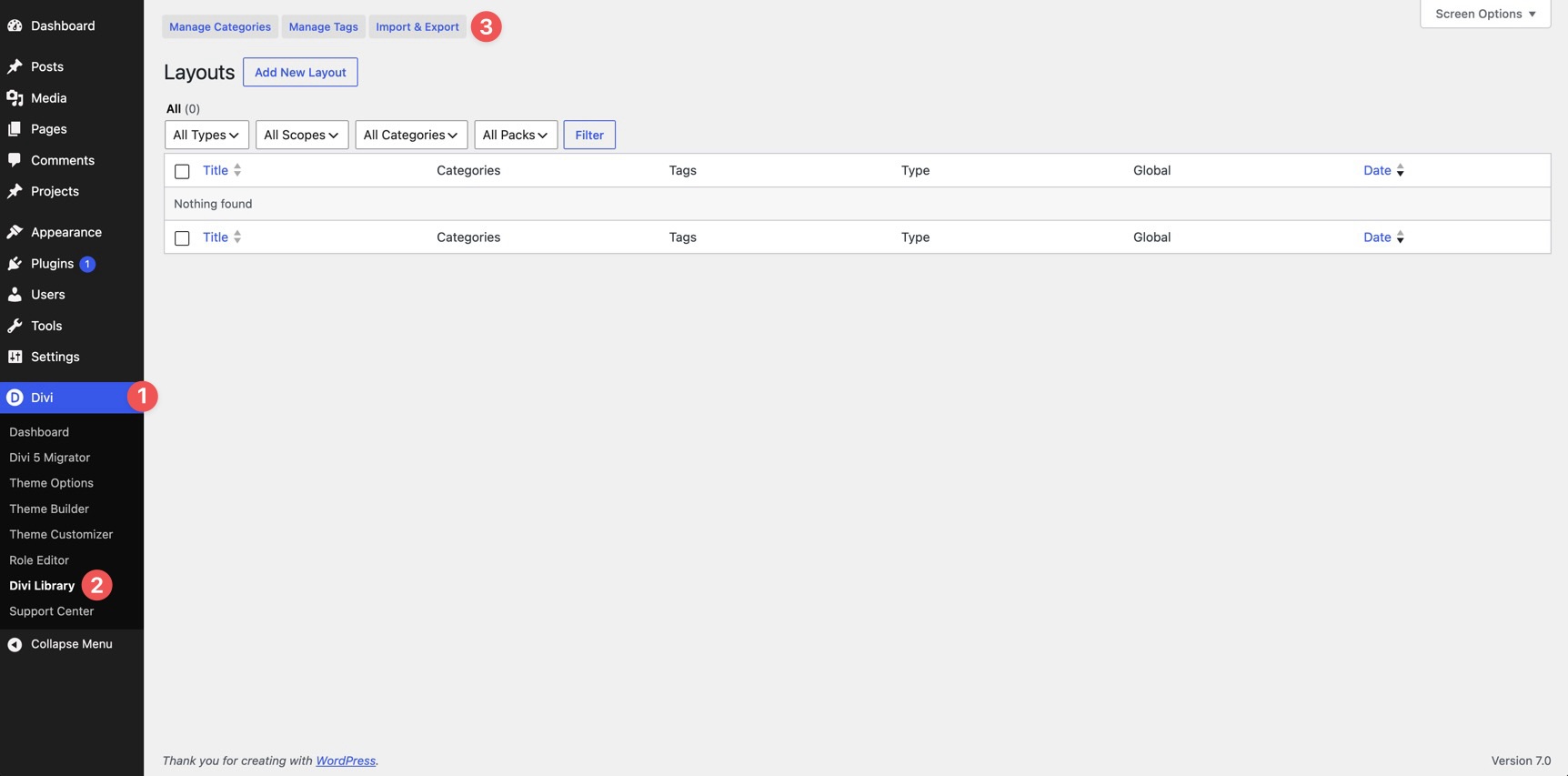Divi Library import and export screen