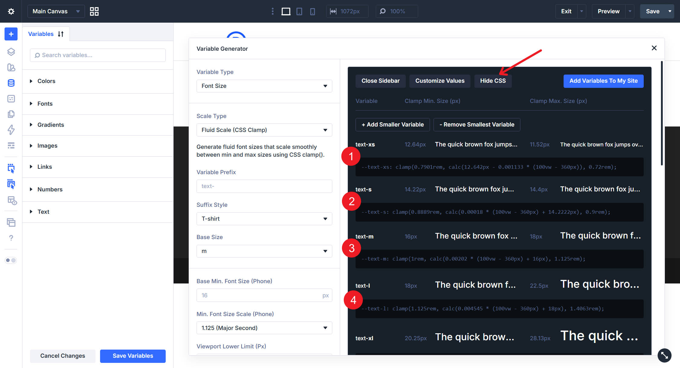 Show CSS view displaying the generated clamp and calc math in Divi 5