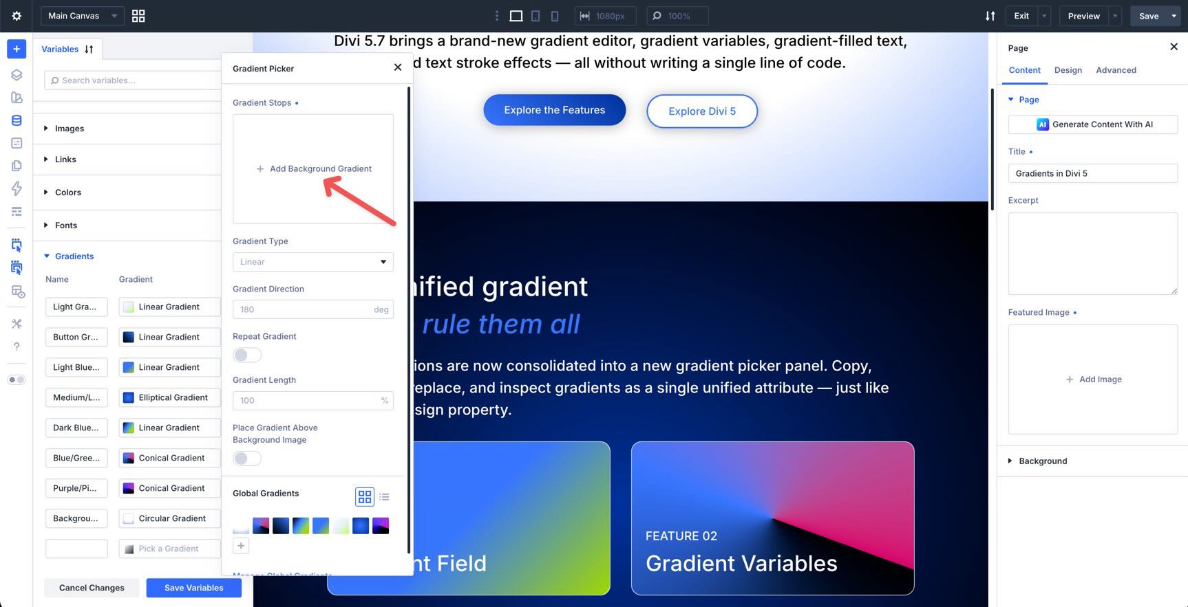 Add a background gradient in the Divi 5 Gradient Picker