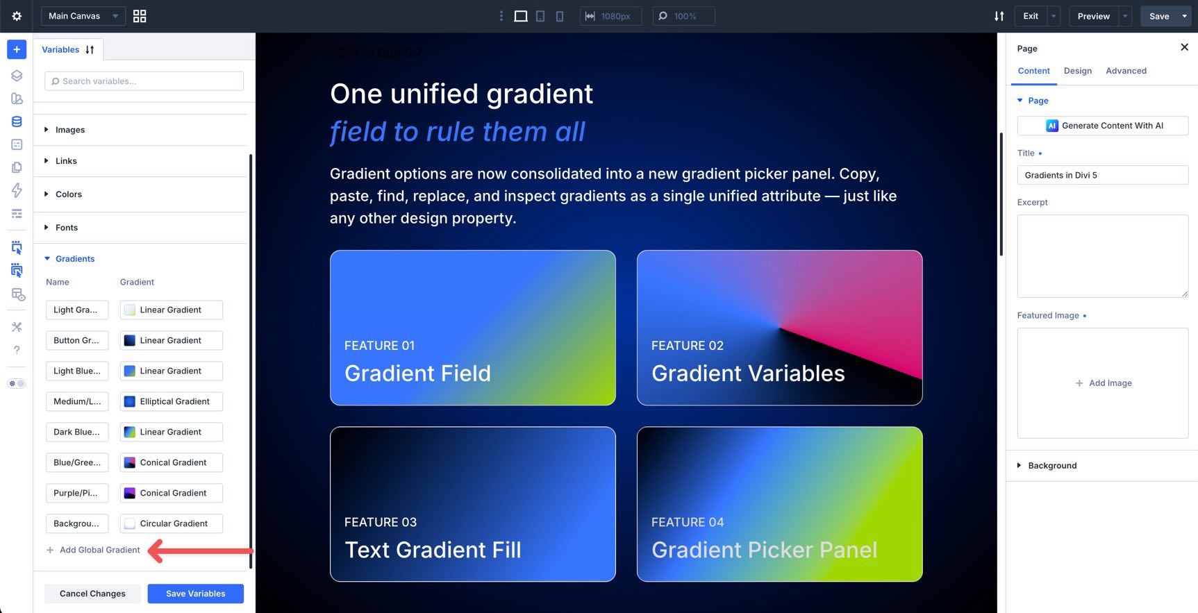 Add Global Gradient button in Divi 5