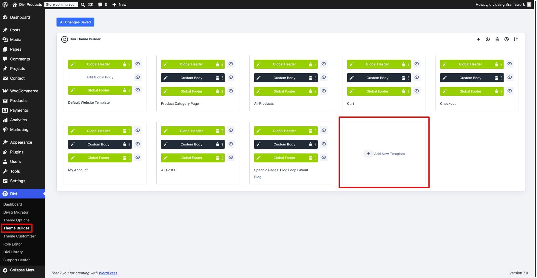 Adding a new template in the Divi 5 Theme Builder