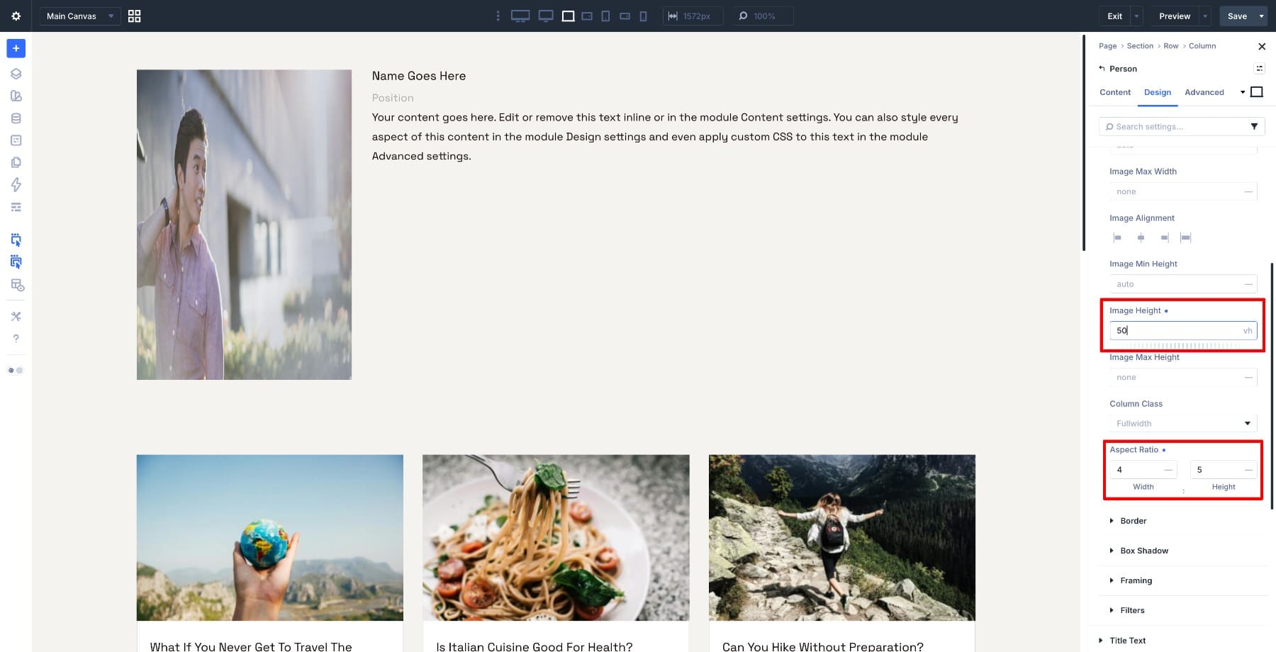 Setting a 4:5 aspect ratio on the Person module image