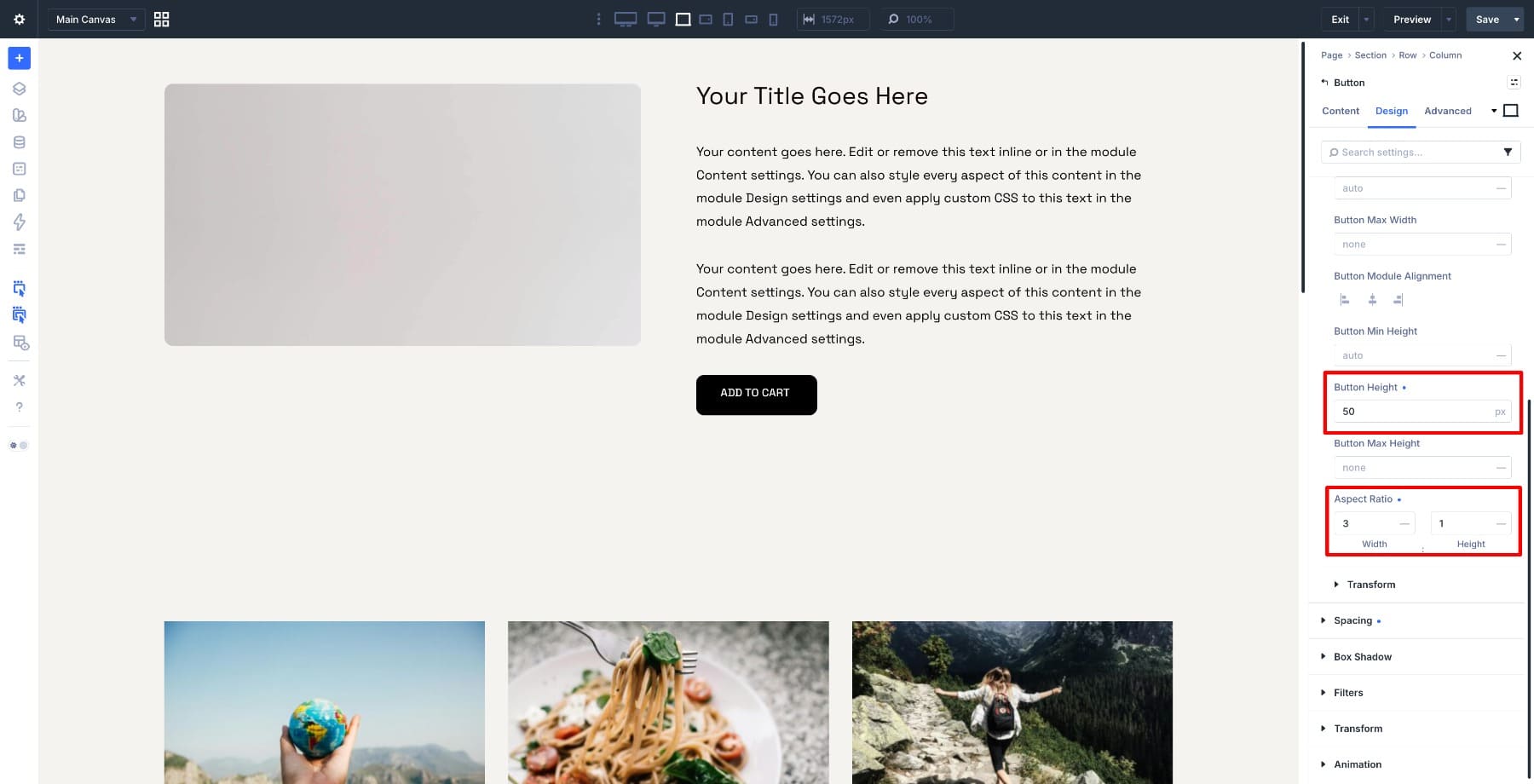 Setting button height and aspect ratio in Divi 5